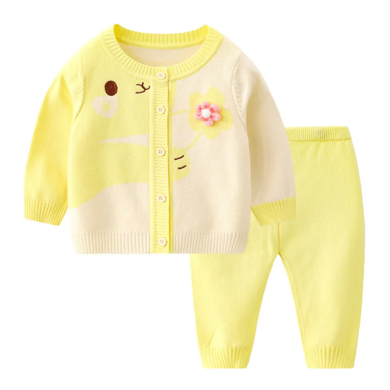 2Piece Sets Spring Autumn Toddler Girl Outfits Korean Cartoon Cute Flower Baby Sweater+Pants Knitted Suit Newborn Clothes BC1929