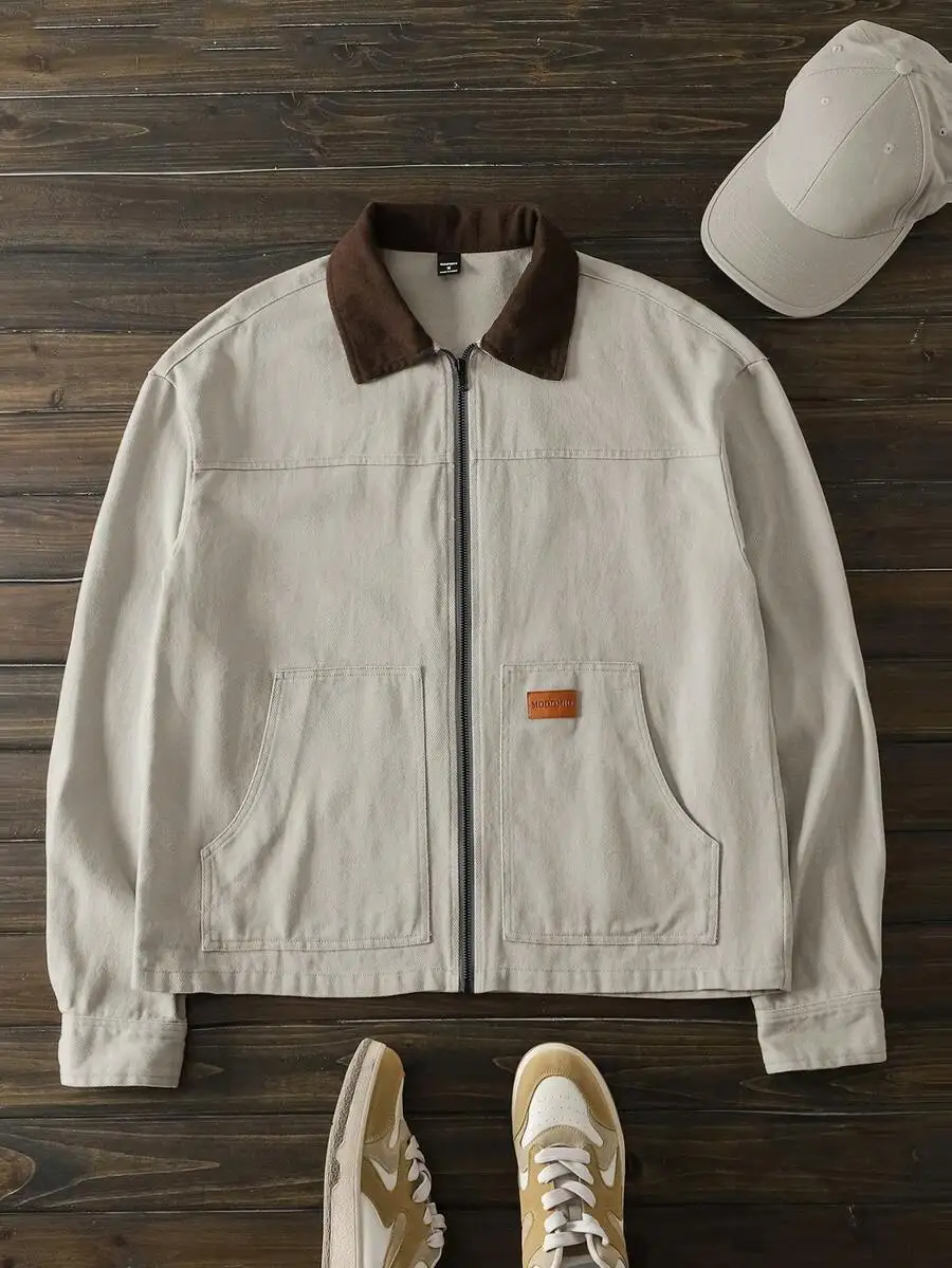 

Men's Woven Slim Fit Contrast Color Block Long Sleeve Casual Shacket, Suitable For Autumn/Winter