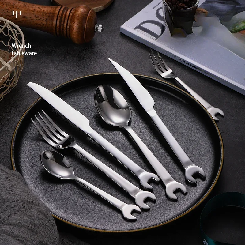 6pc/set Creative Wrench Shape Tea Fork 304 Stainless Steel Dinner Spoon Coffee Cutlery Set Tableware Family Camping Kitchen