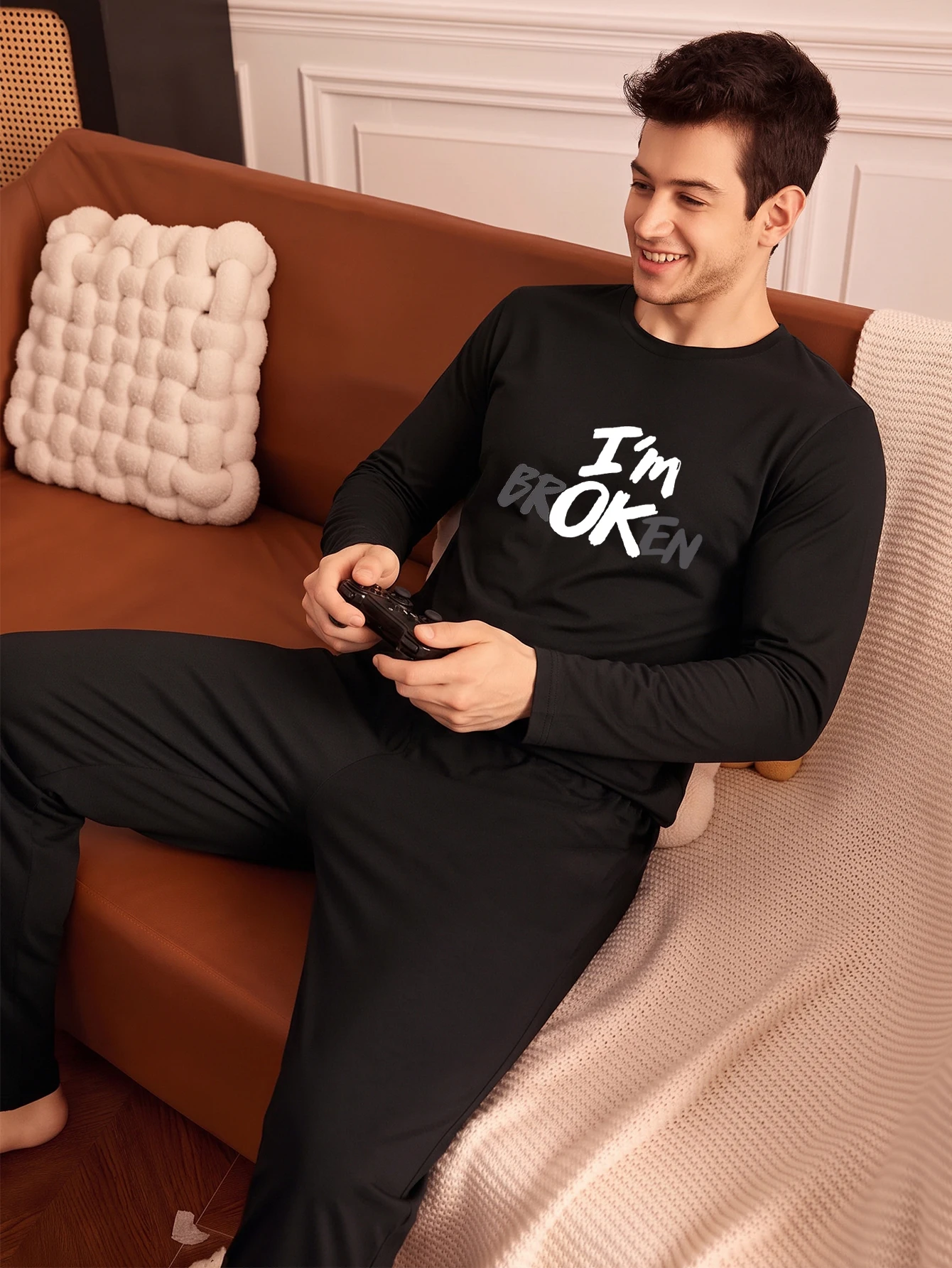 Two-piece spring and autumn men's long-sleeved shirt and pants fashionable letter pattern home wear set