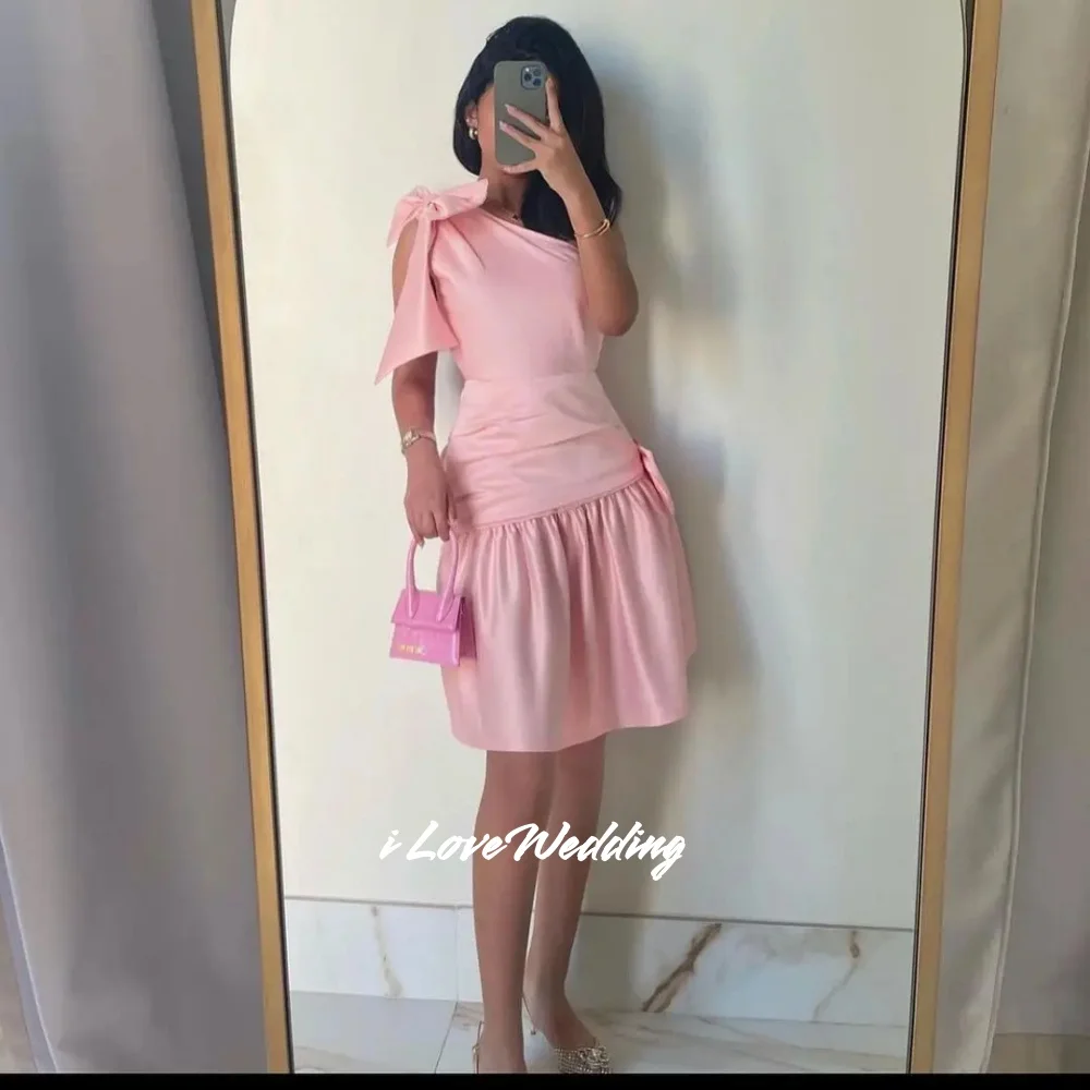 

Pink Bow One Shoulder Mini Skirt Sleeveless Cocktail Dresses Modern Pleated Formal Party Dress Luxury Birthday Dress Customized