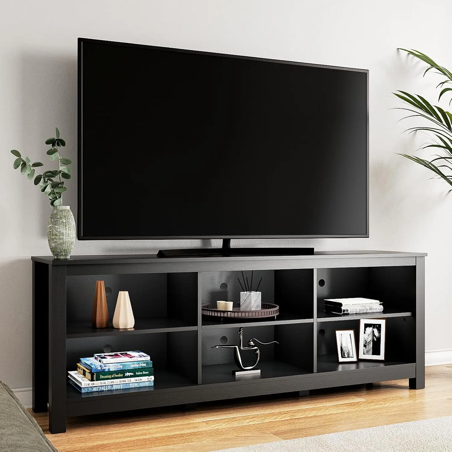 Black TV Stand for 70 Inch TV Entertainment Center Console Table with 6 Storage Cubby for Living Room Bedroom, Customized