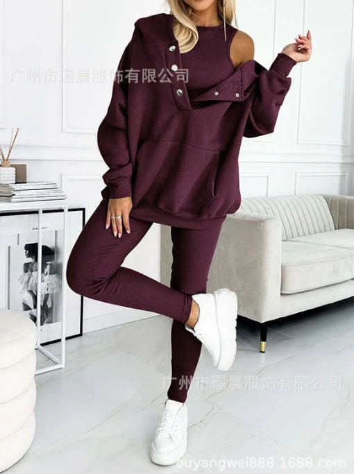 Women\'s Casual Suit Set Comfortable Loose Fitting Button Pockets Sweatsuit Hoodie Jacket Top and High Waisted Tight Pants Set