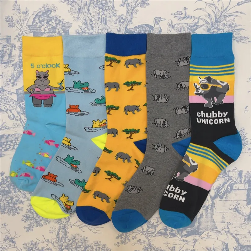 Adult Crew Unisex Cartoon Funny Socks Dopamine Color Rhino Rhinocero Hippopotamus Amphibius Bikini Sexy Hippo River Horse Sox