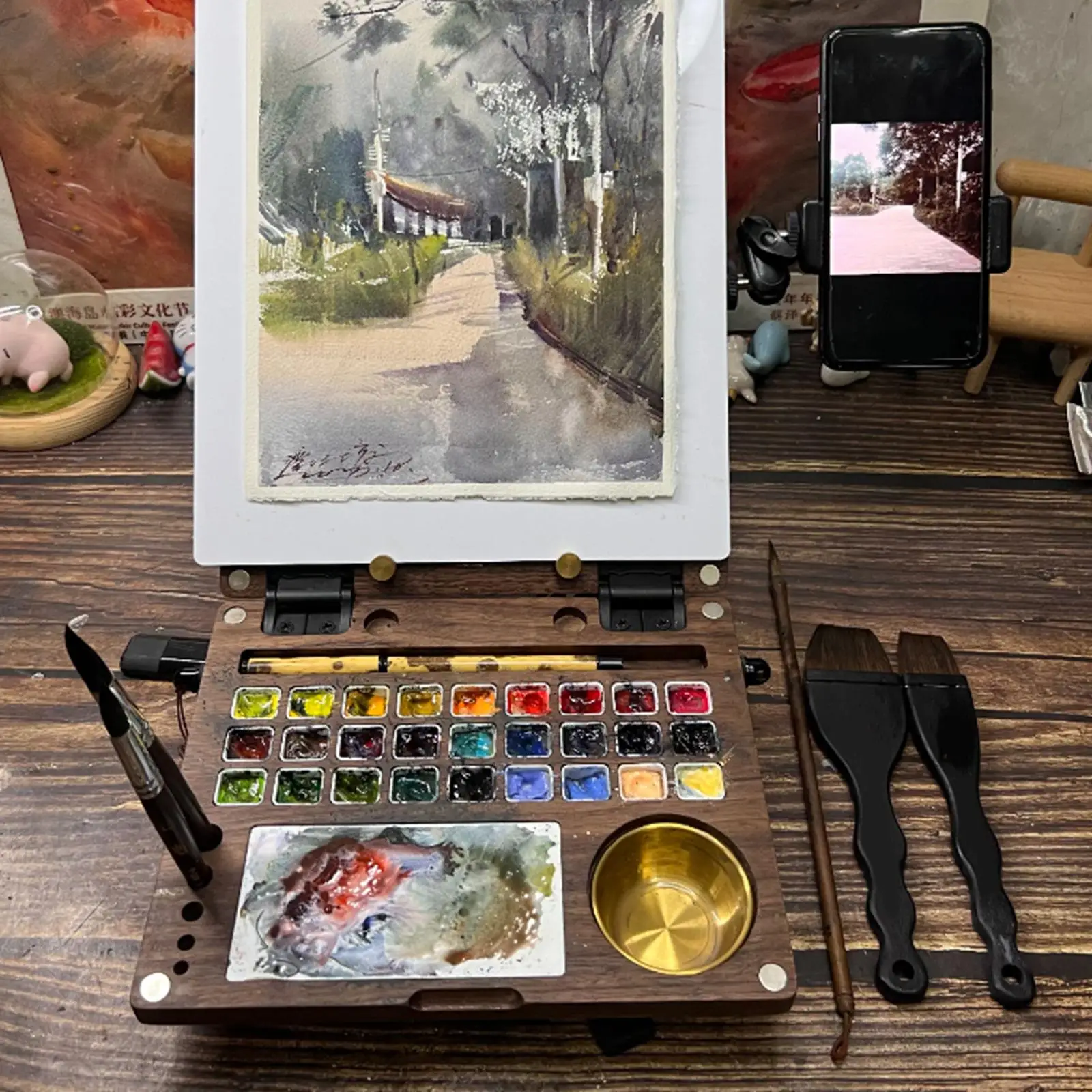 Portable Travel Watercolor Painting Palette Outdoor Sketching Wooden Paint Case Paint Tray DIY Watercolor Paint Palette Box