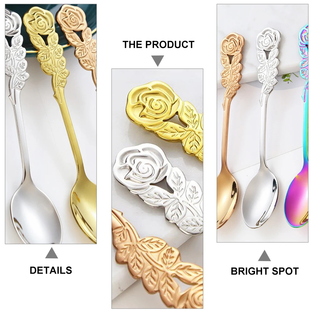 

6pcs Coffee Stainless Steel Creative Teaspoon Kitchen Delicate Spoon Supply Silver Rose Sugar Serving Spoon Set