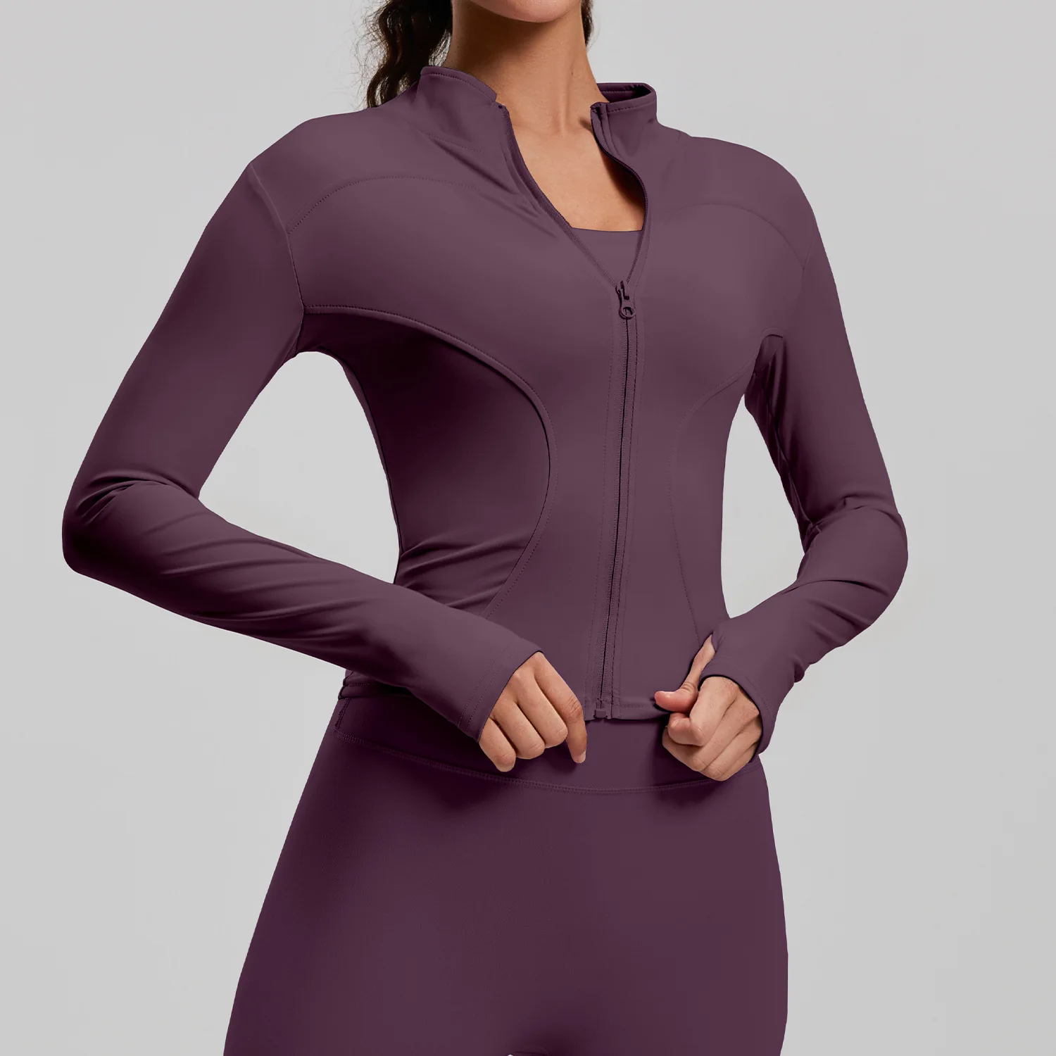 Women's Sports Jacket: Slim-Fit Slimming Jacket with Stand-Up Collar Zipper Fingerless Gloves Yoga Top Fitness and Yoga Apparel