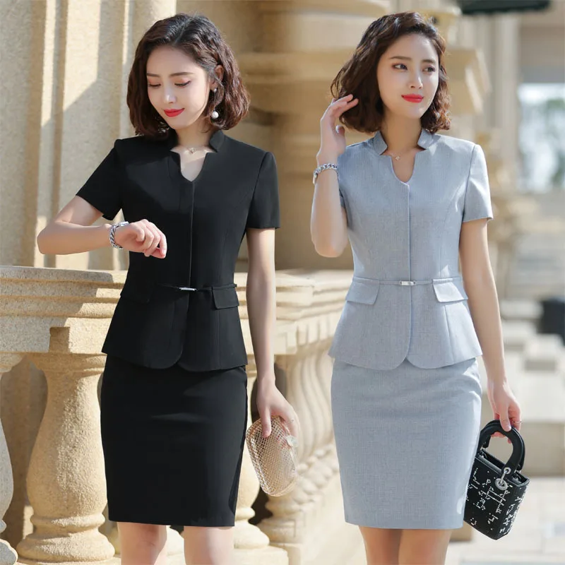 1603Summer short-sleeved stand-collar professional attire women's skirt suit black plus size formal suit work uniform