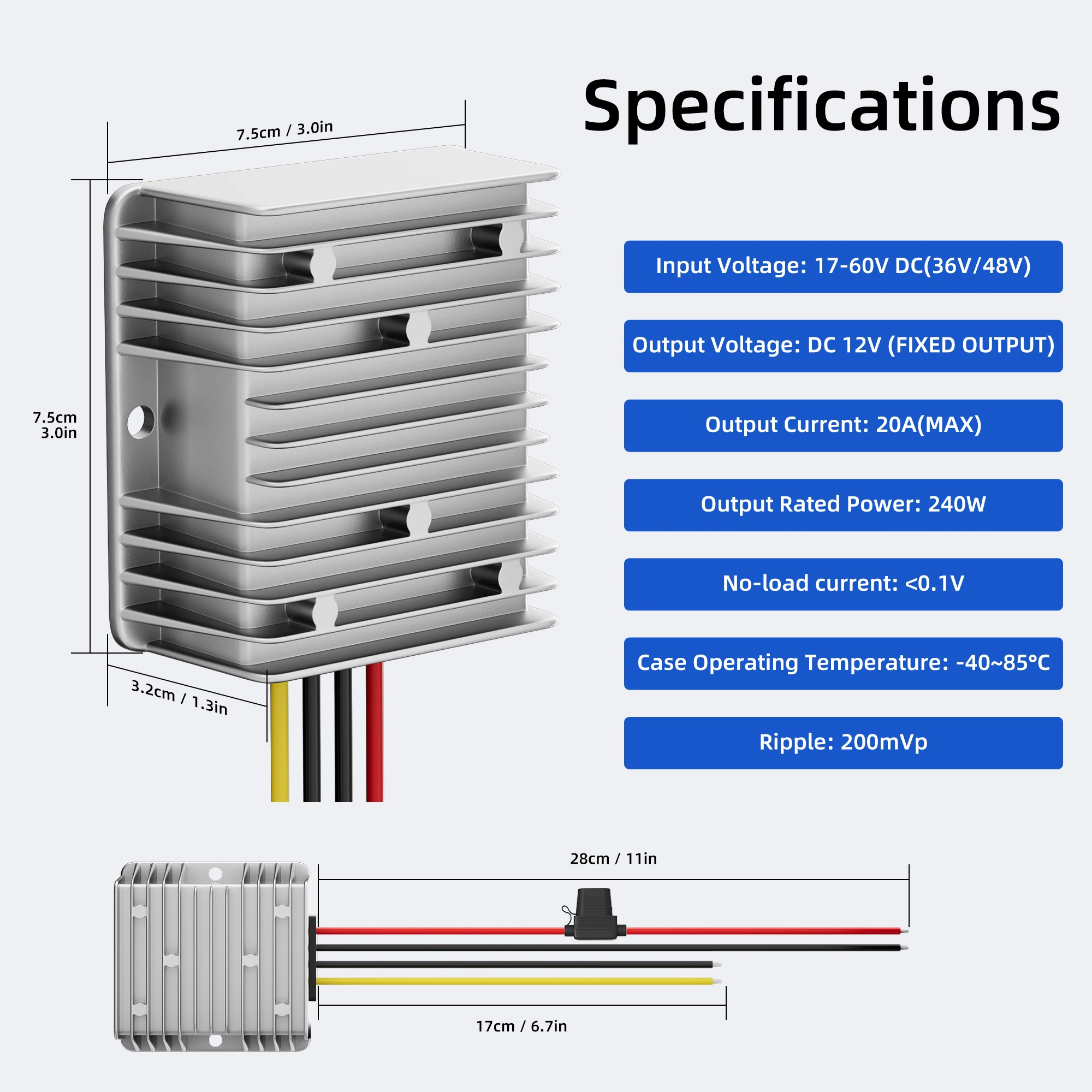 48V 36V 24V to 12V Converter 20A 240W DC-DC Voltage Regulator Reducer Step Down Converter with Inline Fuse and 14AWG Pre-Wired