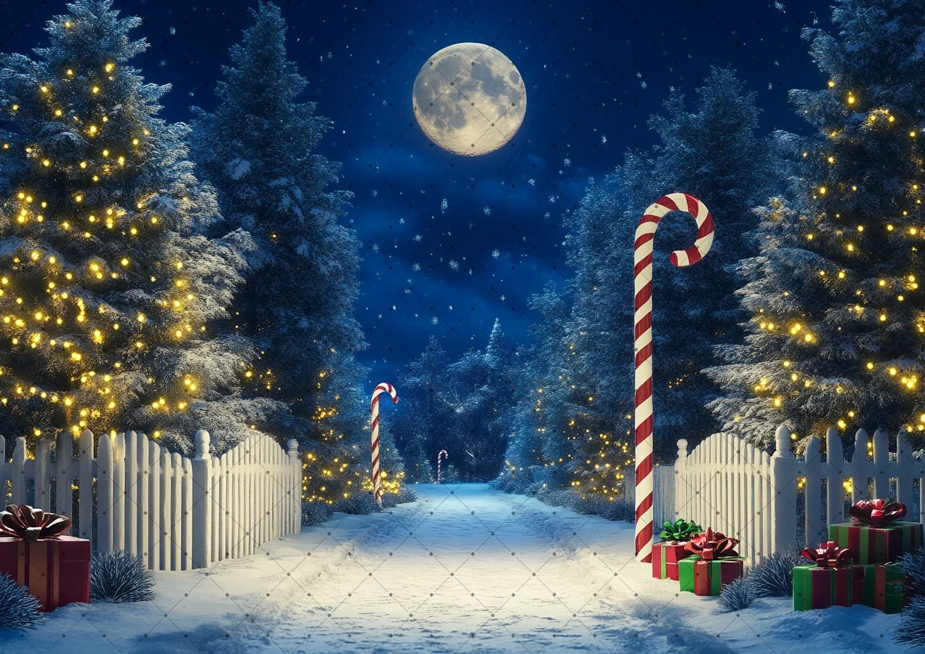 Christmas Backdrop Night Snowy Path Full Moon Candy Cane Xmas Tree Fence Gift Scene for Family Holiday Party Photography Decor