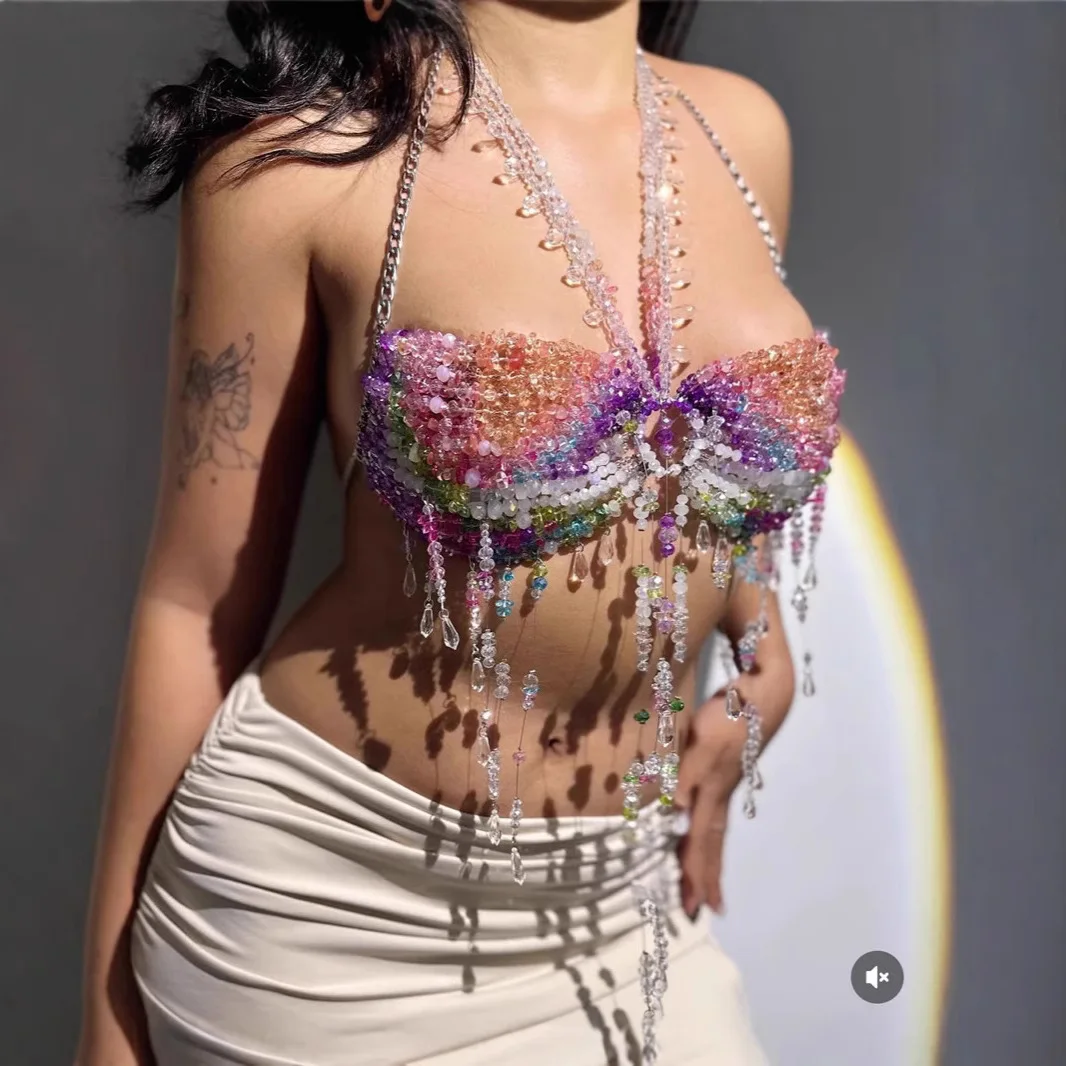 2025 Luxury Women Crystal Beading Tassel Bra Chain Jewelry Halter Camis Vest Jewelry Fancy Dance Show Night Clubwear Bra Chain