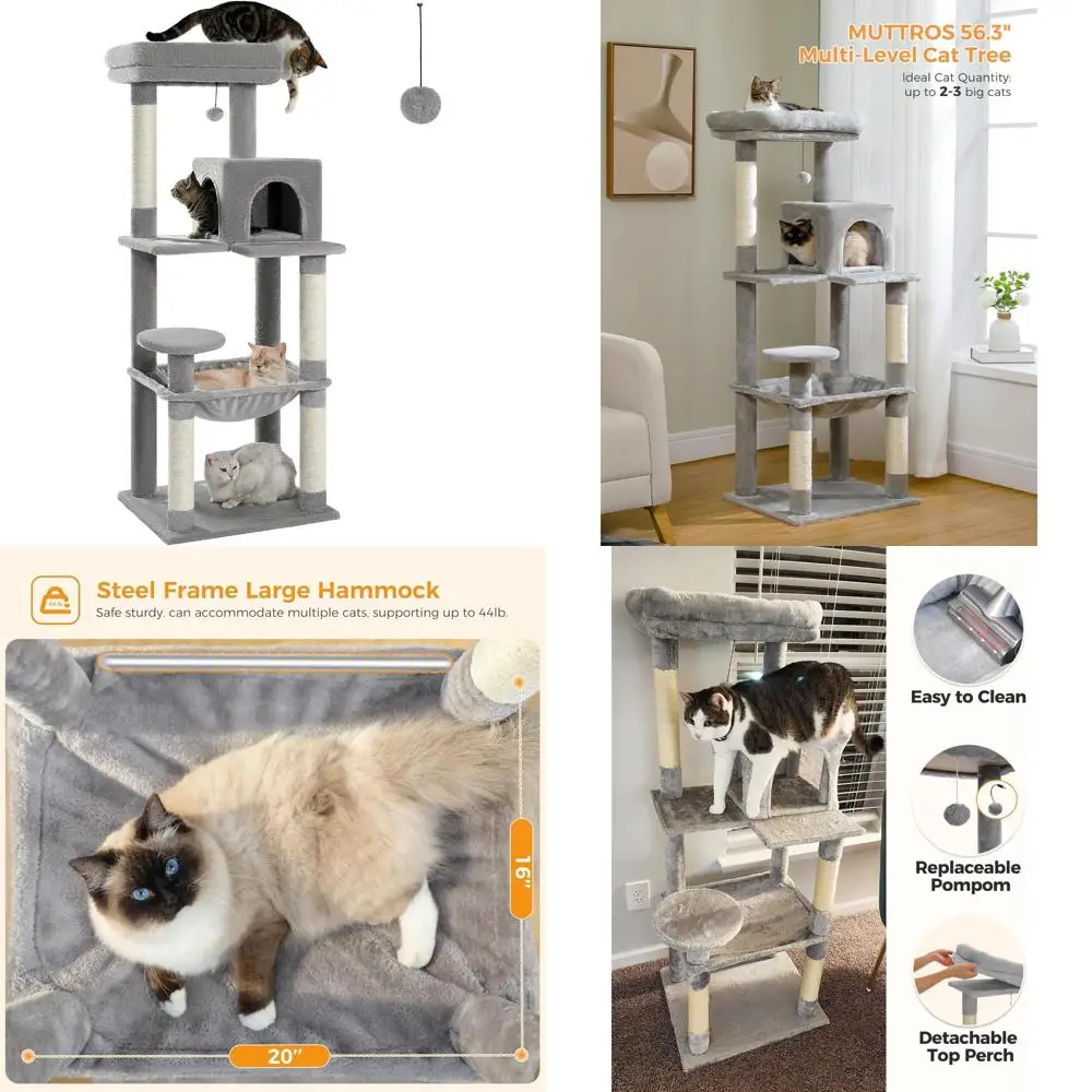 

Large Adult Cat Tree with Metal Frame, Plush Hammock, 56.3 Tall, 2-Door Condo, 6-Tier Shelves for Scratching and Play
