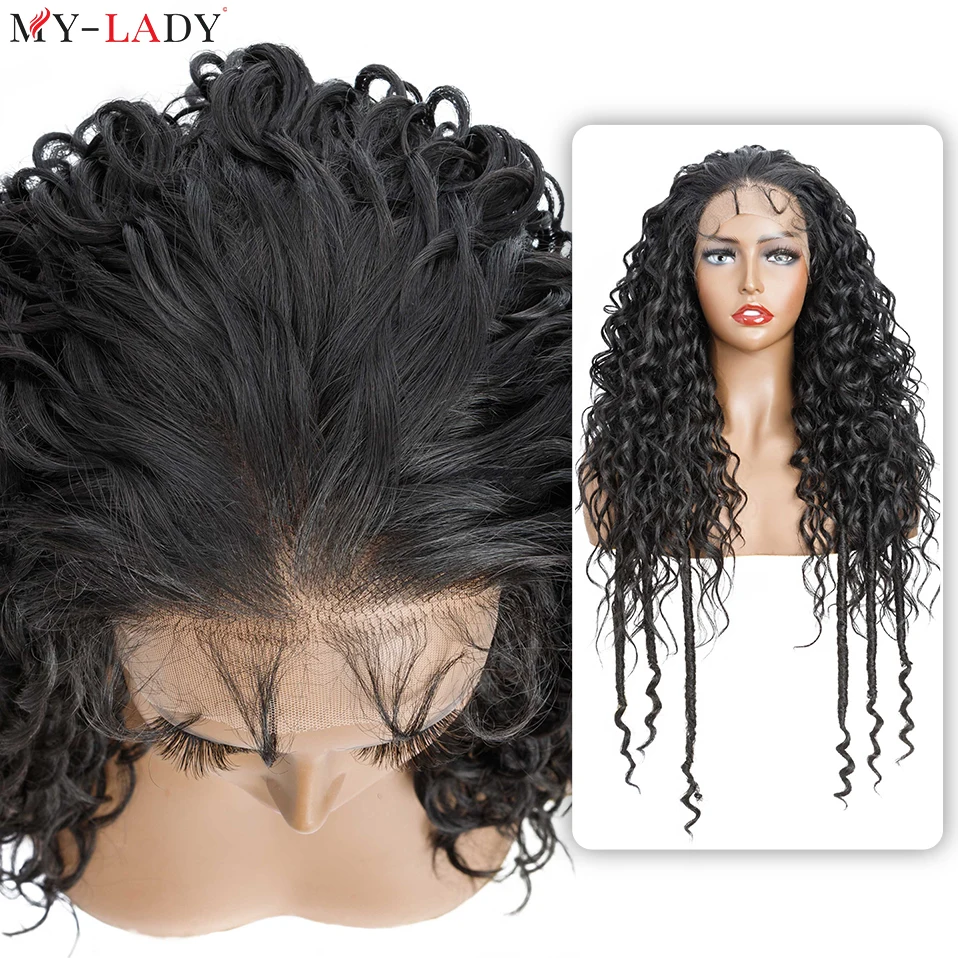 Mijn-Lady 28Inch Gevlochten Synthetische Kant Voorkant Pruik Vlechten Godin Faux Locs Pruik Kant Pruiken Krullend Haar Baby Haar Afro Braziliaanse Pruiken