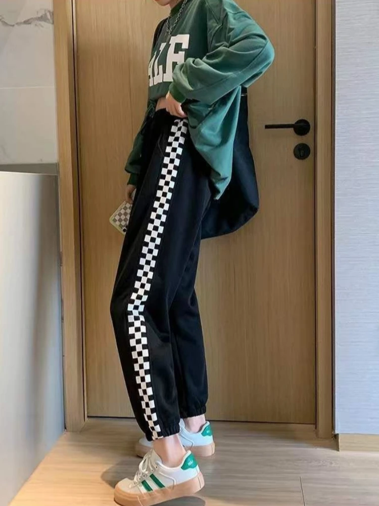 Womens Summer Lightweight Checkered Joggers Loose High Waist Elastic Cuff Harem Pants New Style