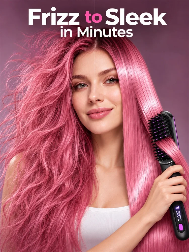 USB Charging Portable Hair Straightener Brush, Cordless Straightening Comb LED Display & Ceramic Coating, Ionic Technology