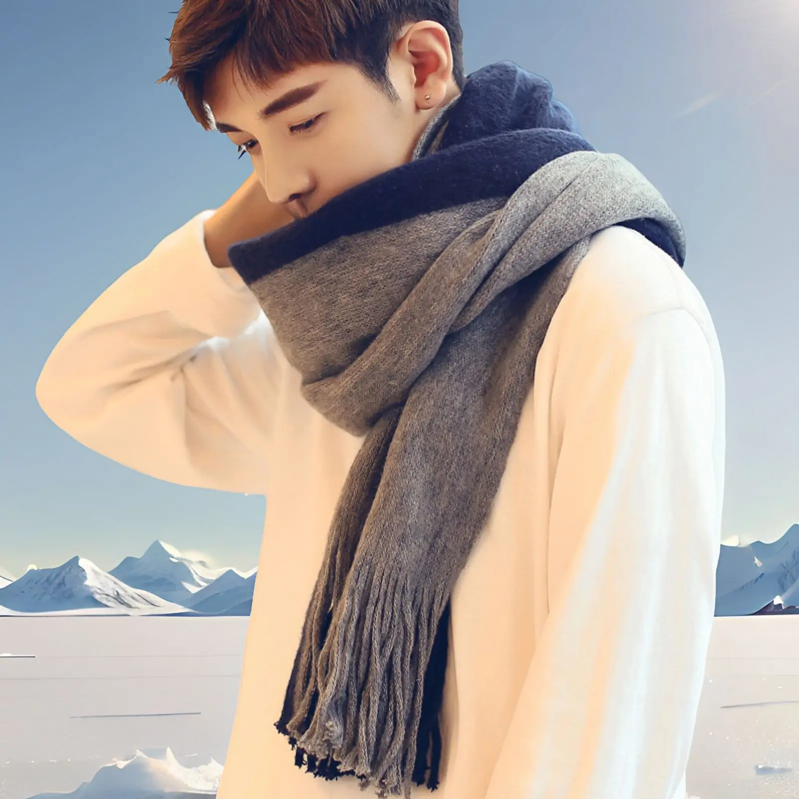 Simple Men's Scarf Autumn and Winter Warm Thickened Woolen Scarf Fashionable Versatile Neck Warm Neckerchief  Color Block