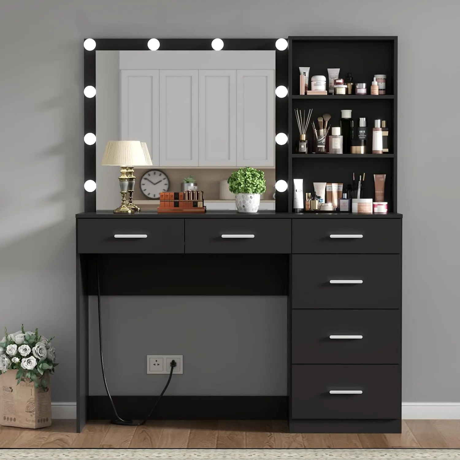 39 Inches Black Vanity Desk with Lights, 6-Drawers Makeup Vanity Table with Power Strip and Storage Shelves, Dressing Table