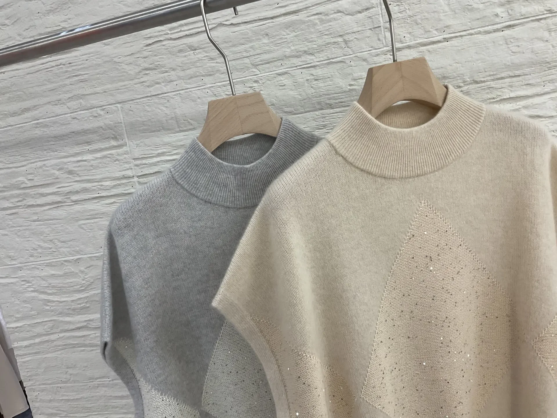 Осенний новый пуловер с круглым вырезом и блестками, вышитый ромбовидной сеткой, серый абрикосовый кашемировый вязаный свободный топ, женский свитер