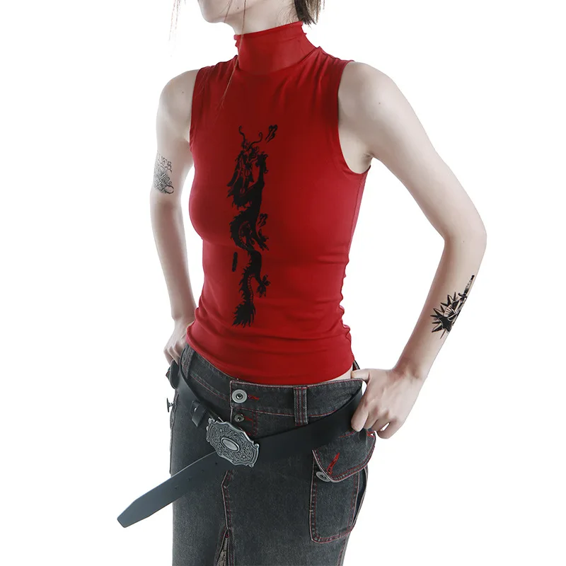 Millennial Punk High Collar Sleeveless Vest Women's Streetwear American Retro Pure Desire INS Style T-shirt Summer Knitted