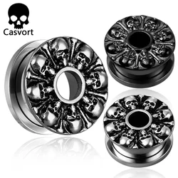 Casvort 2PCS Round Skull Ear Tunnels Plugs Piercing Gauges 316 Stainless Steel Saddle for Women Men Earrings Gift