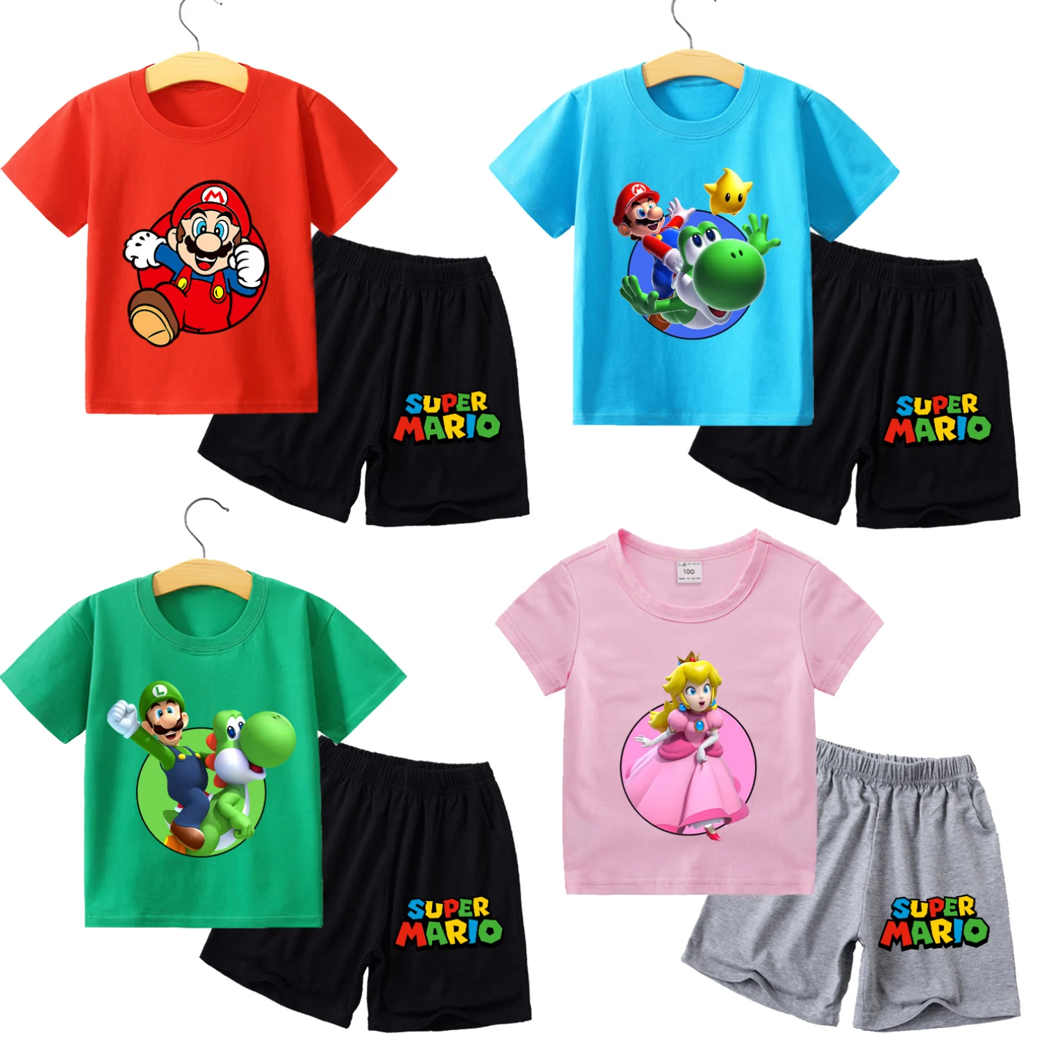 

Super Mario Bros New T-shirt Suit Children Summer Cotton Tops+shorts Pants Set Cartoon Anime Pajamas Home Wear Clothes Kids Gift