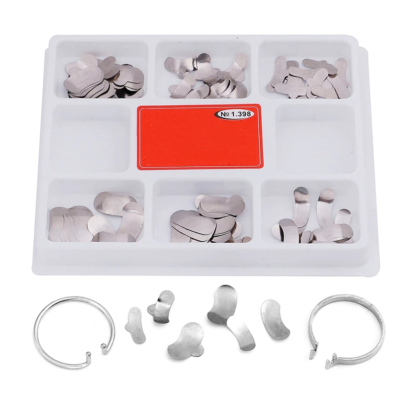 100Pcs Dental Matrix Sectional Contoured Metal Matrices Dental Matrix with Spring Clip No.1.398 Delta Ring Clamp Wedges Kit