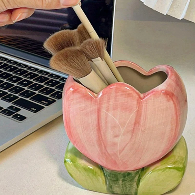 Pen Holder for Office Desk Accessories Aesthetic Pink Makeup Brush Holder Pencil Holder Cute Tulips Home Decor Birthday-A57M - view 3