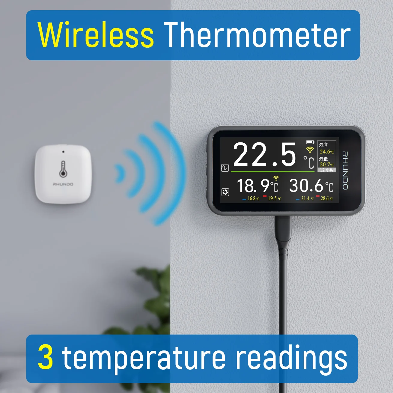 Image of RHUNDO Kabelloses Thermometer mit 3 Wasserdichten Sensoren, 1,9 Zoll IPS-Display, Temperaturmonitor für Außenbereich, Auto, Zuhause, Aquarium, Reptilien