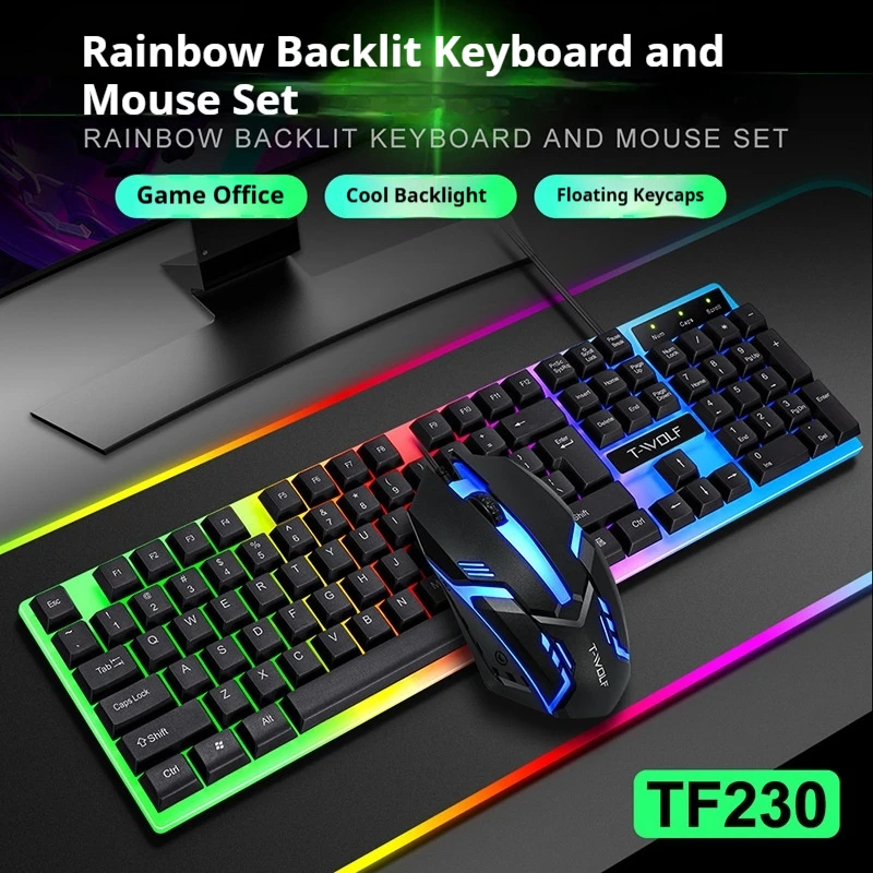 Rainbow Gradient Backlit Keyboard And Mouse Combo Mechanical Feeling With Floating Keycaps Wired Usb For Pc Gaming Office Deskto