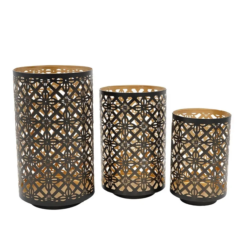 Set of 3 Moroccan Lattice Metal Lantern Candle Holders, Black & Gold for Table Home Decor