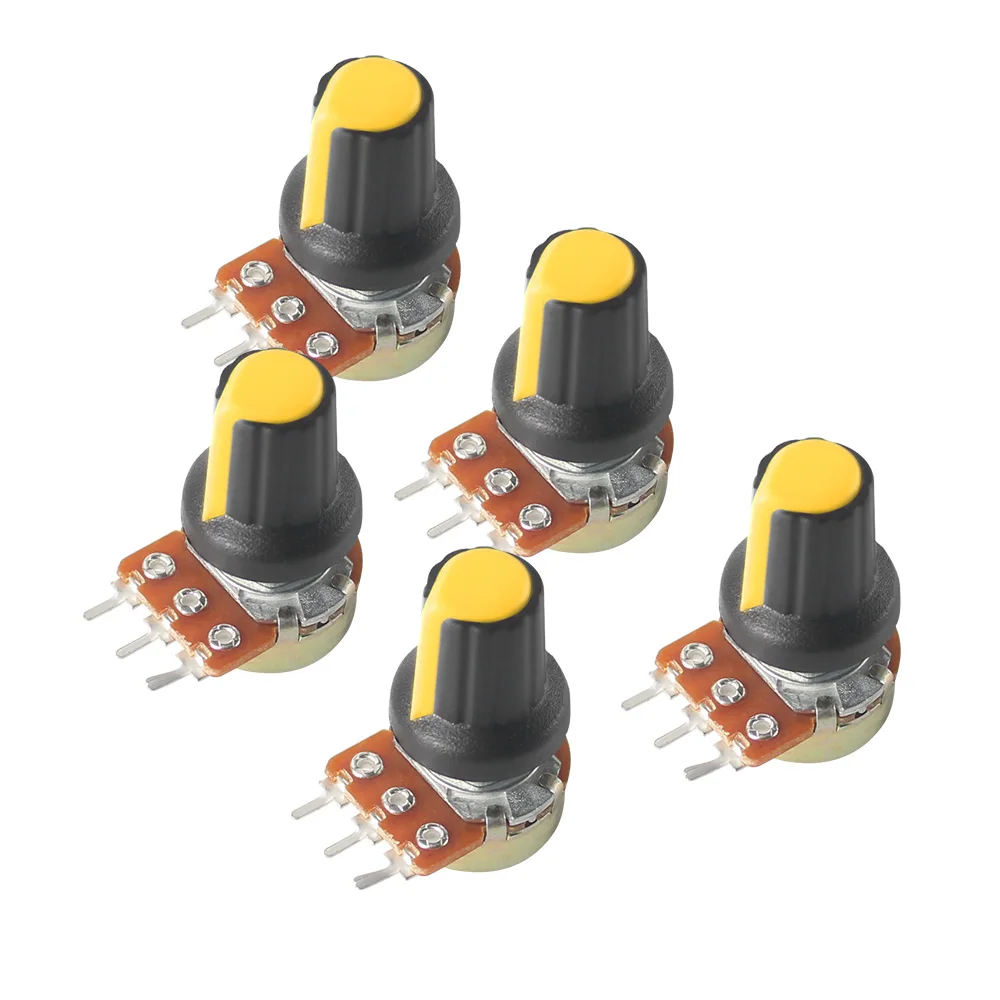 

5PCS WH148 Potentiometer Linear Rotary Taper 3Pin 1K-1M Ohm Variable Resistors 15mm Shaft with Yellow AG2 Knobs,Nuts and Washers