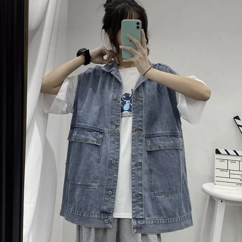 Pakaian wanita tren Chic tanpa lengan atasan rompi Denim mantel kargo kerah satu baris saku Streetwear blus Solid baru