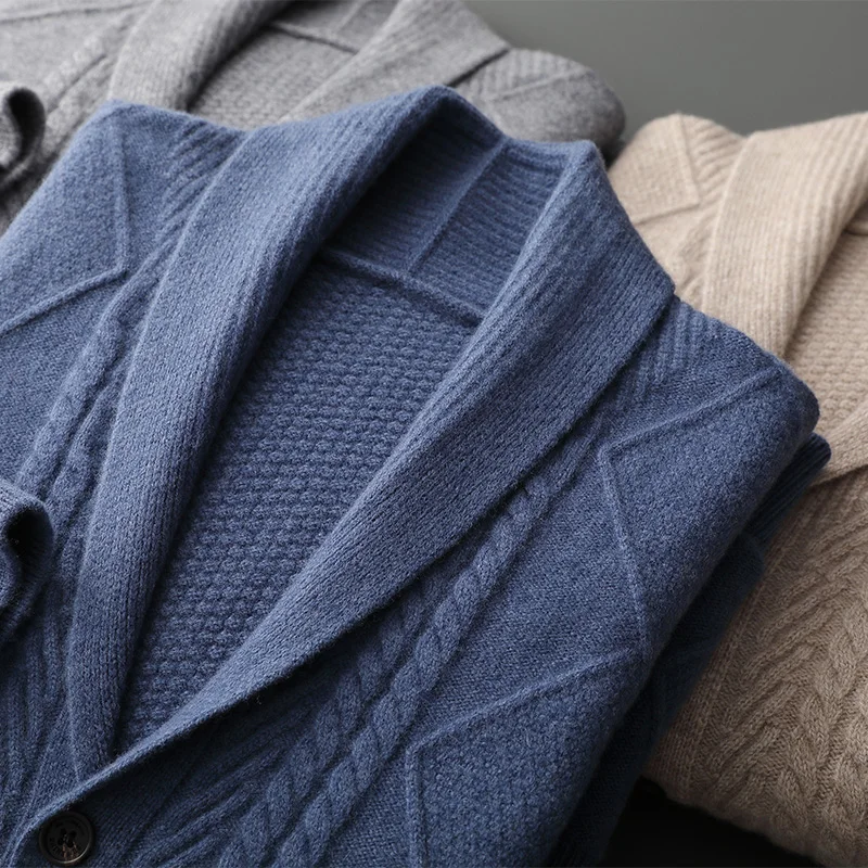 2025 Winter 100% Merino Wool Cardigan Men's Scarf Collar Jacquard Knit Coat Fashion Loose Thicken Pocket Jacket High-End Shirts