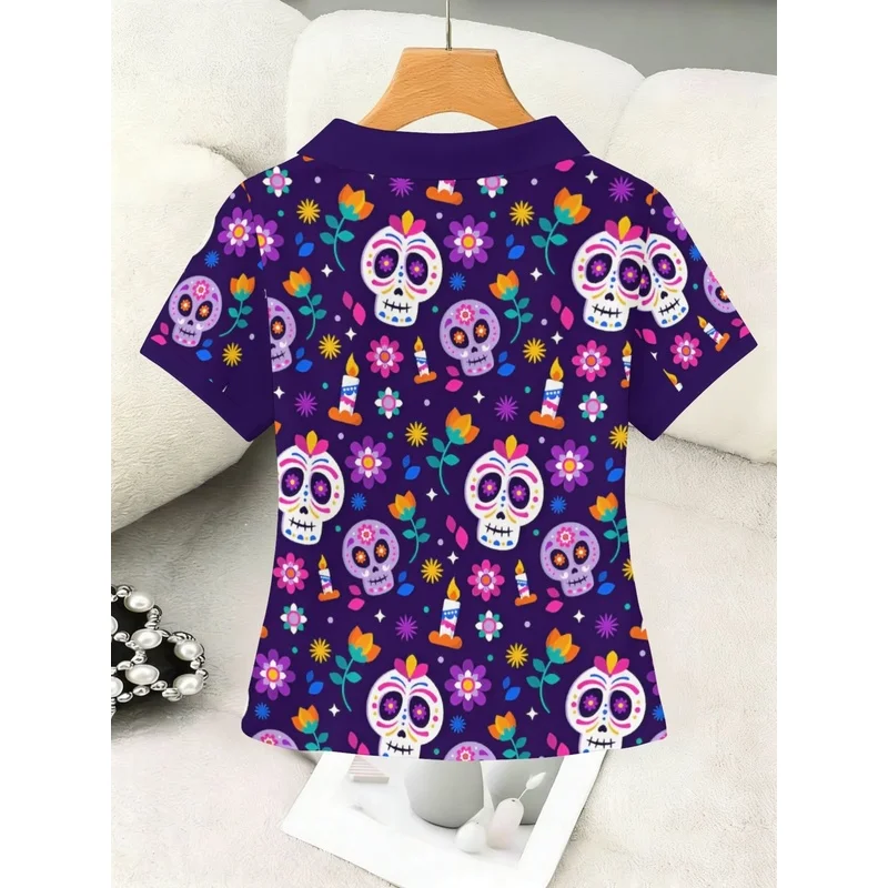 2026 Women polo Shirt Deep purple contrasting color trim on the collar and sleeves paired with sugar skull floral print