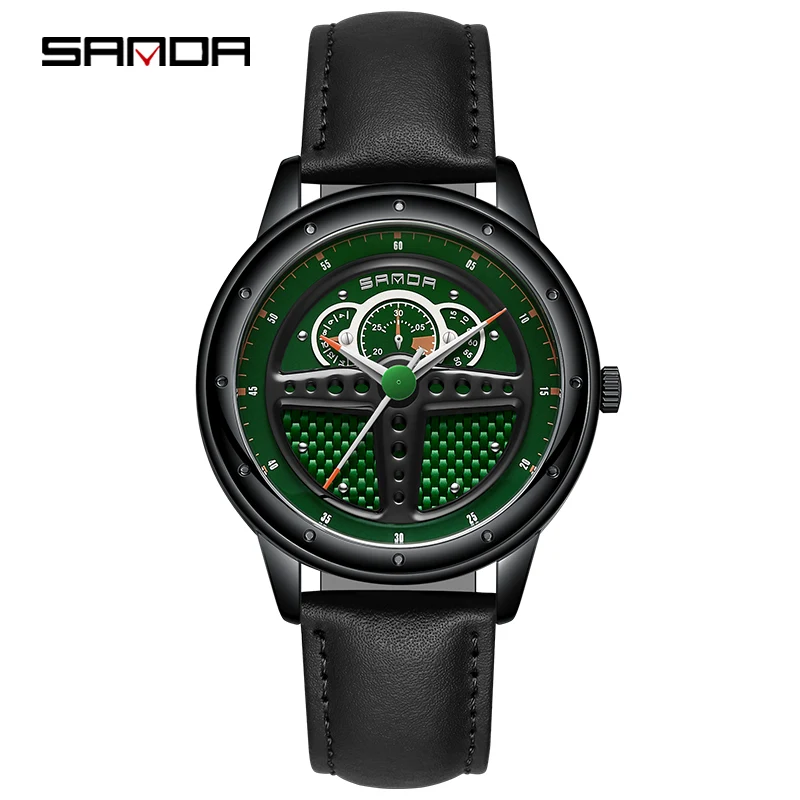 SANDA P1110 2023 Fashion Men Steering Wheel Design Watch Luxury Sports Waterproof Quartz Wristwatch Male Clock Relogio Masculino