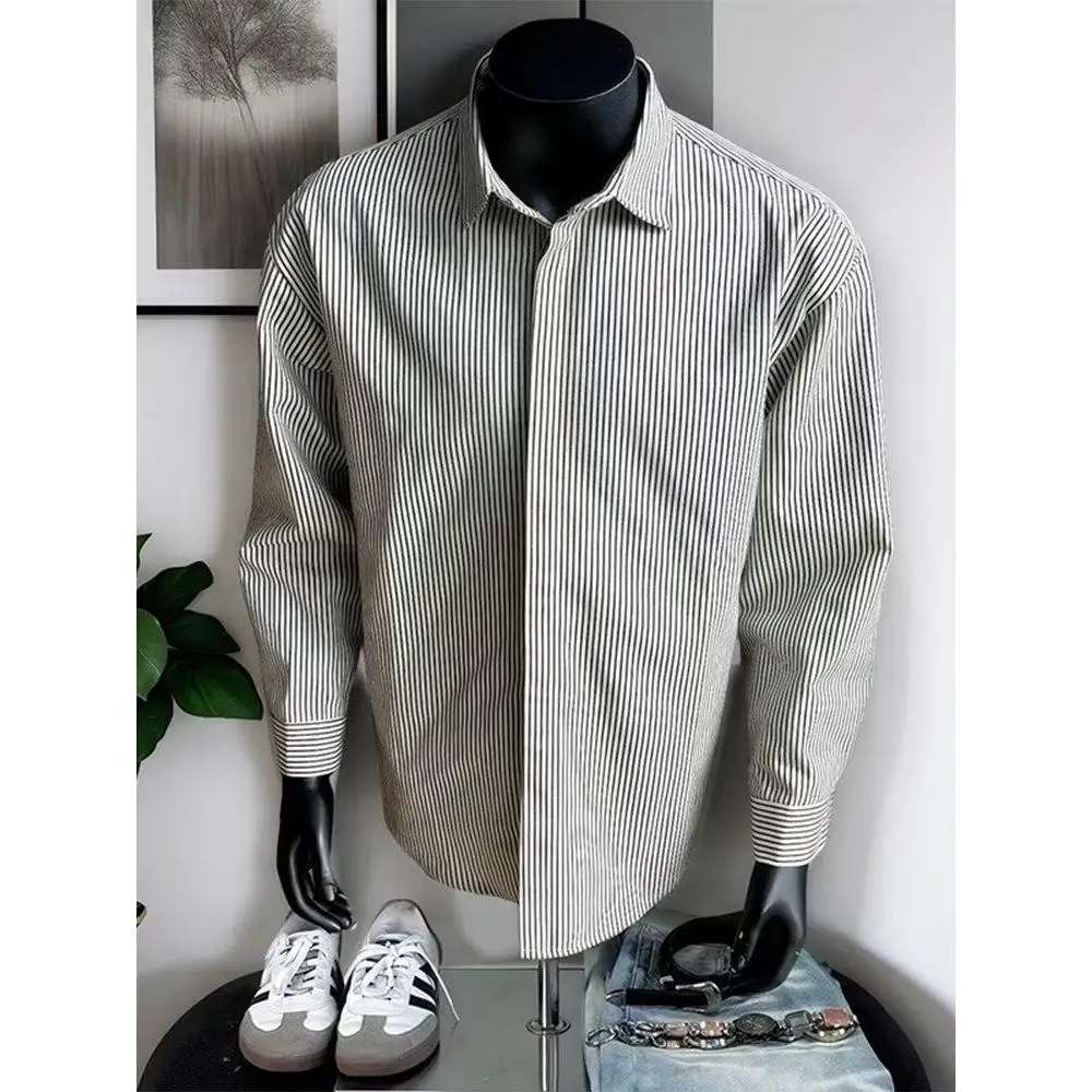 

Versatile Basic Long Sleeve Striped Casual Shirt Men's Outerwear Spring Autumn Japanese Style Retro Loose Fit Button up Coat