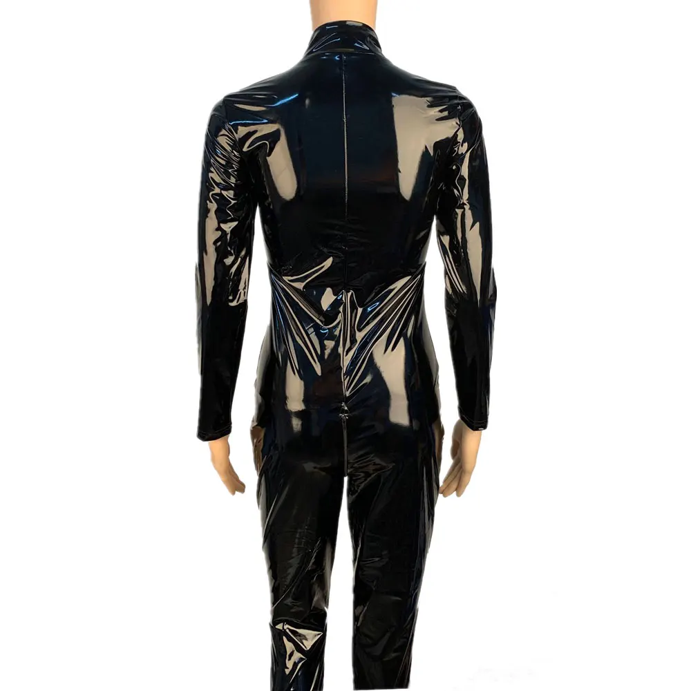 Sexy Lady Shiny Latex Suit PVC Faux Leather Jumpsuit Long Sleeve Zipper Shiny PU Patent Leather Bodysuit Nightclub Clubwear