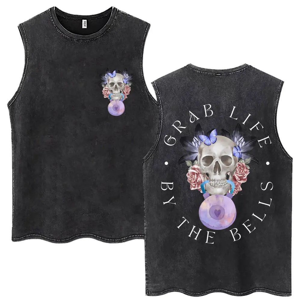 Washed Vintage Grab Life By The Bells Skeleton Tank Tops Men Women Gym Fitness Summer T-shirts Cotton Gothic Vests Streetwear