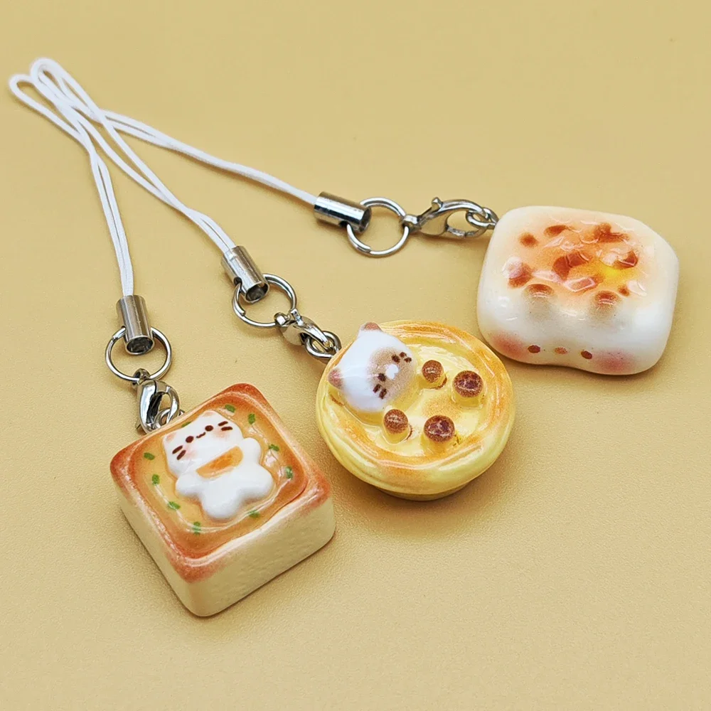 

Japanese Style Cute Cat Bread Phone Charms Kitten Toast Keychains Kawaii Lanyard Pendant for Bags Perfect Gift