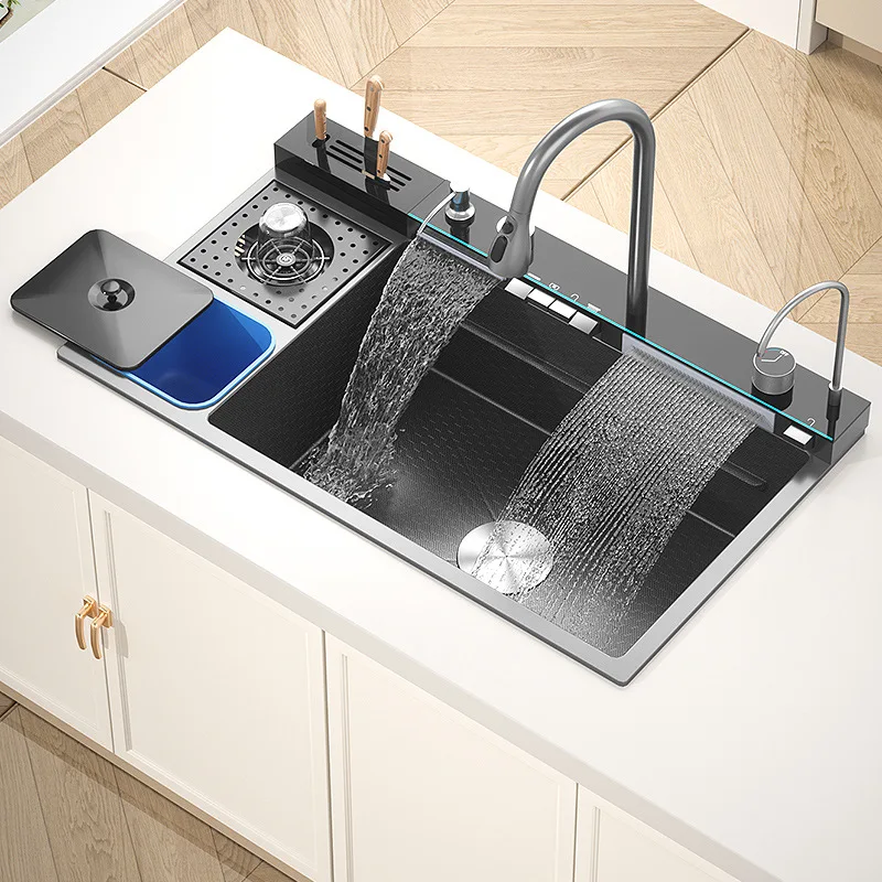 Stainless Steel Waterfall Kitchen Sink Honeycomb Embossed Large Single Slot Digital Display with Knife Holder Wash Basin