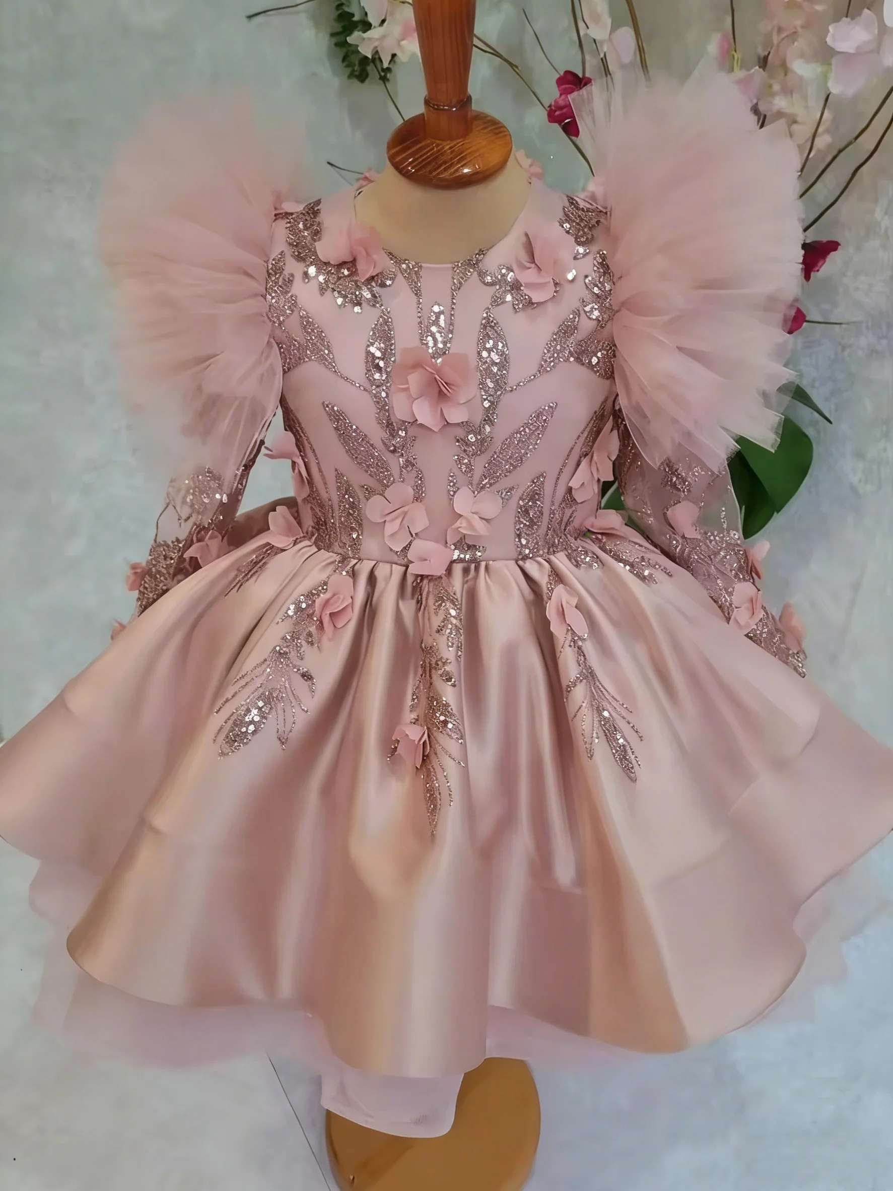 

Розовое платье с пайетками для девочек, свадебное, с цветочным узором, пышная мини-юбка, для первого причастия, на день рождения ребенка