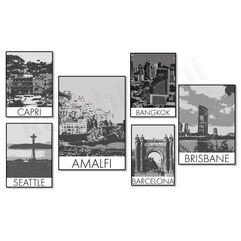 Brisbane Australia, Koh Phi Phi Thailand, Bangkok, Paris, Barcelona, Capri, Seattle, Washington black and white travel poster
