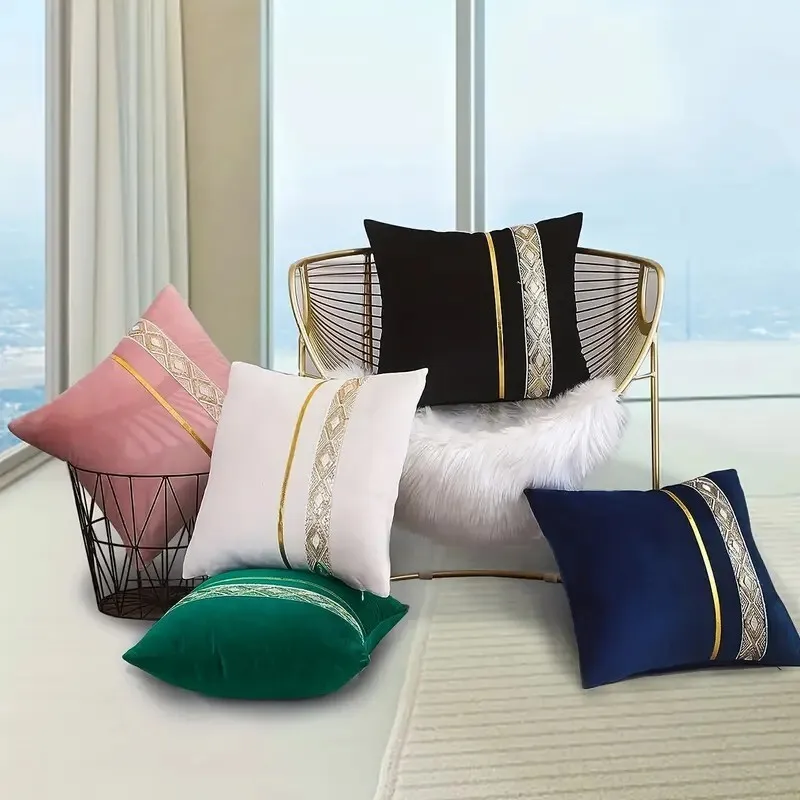 Golden Faux Leather Cushion Cover 45x45cm Sequin Embroidery Throw Pillow Case Decorative Striped Luxury For Sofa Bed Decor