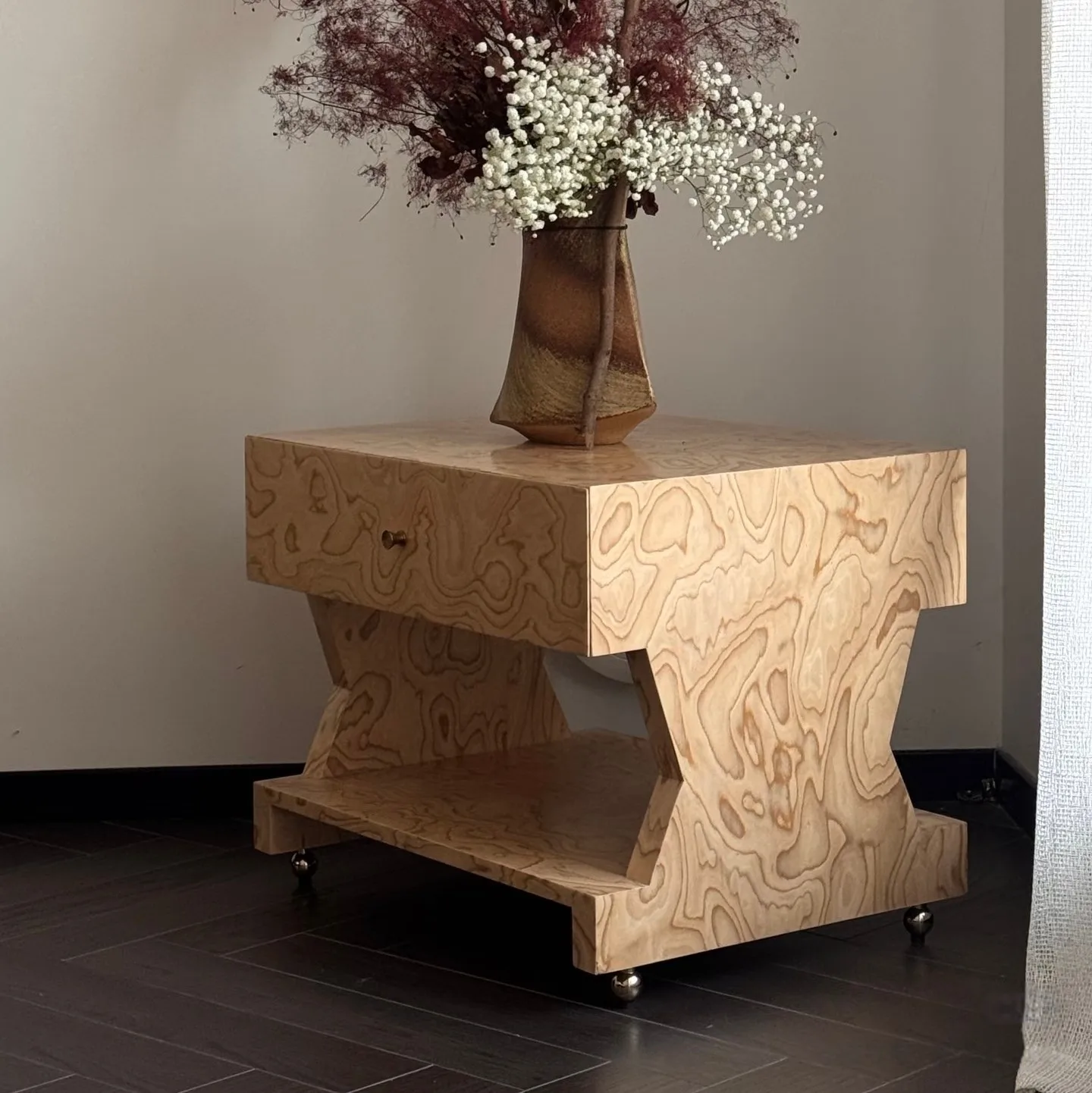 

^a Living Room Side Table with Wabi-sabi Minimalism Tree Knot Wood Veneer Headboard Storage Cabinet Customizable*