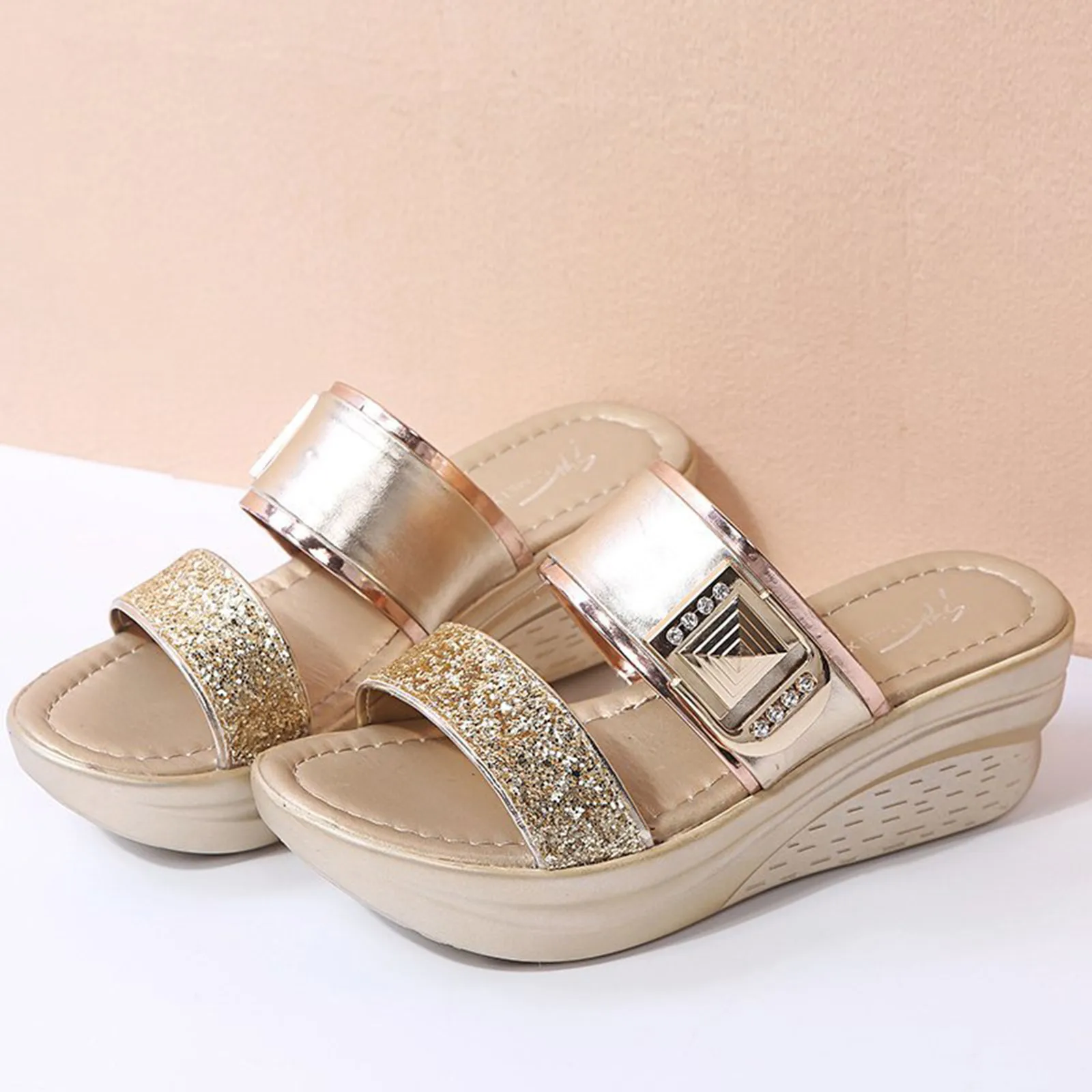 Foam Slide Sandals For Women Women\'S Plus Size Sandals Round Head Decorative Buckle Rhinestone Slope Heel Bear Slippers Women