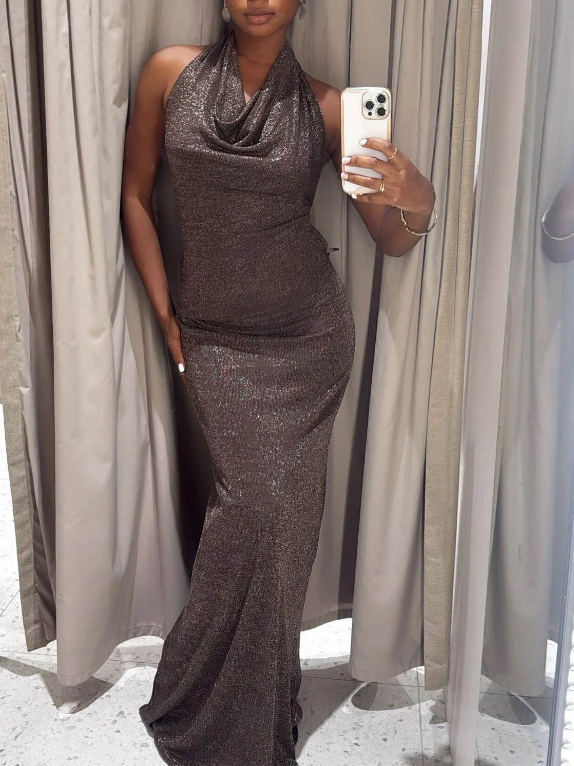 

Women's Fashion Halter Neck Sleeveless Zipper Backless Midi Dress Metallic Solid Color Long Dress for Women