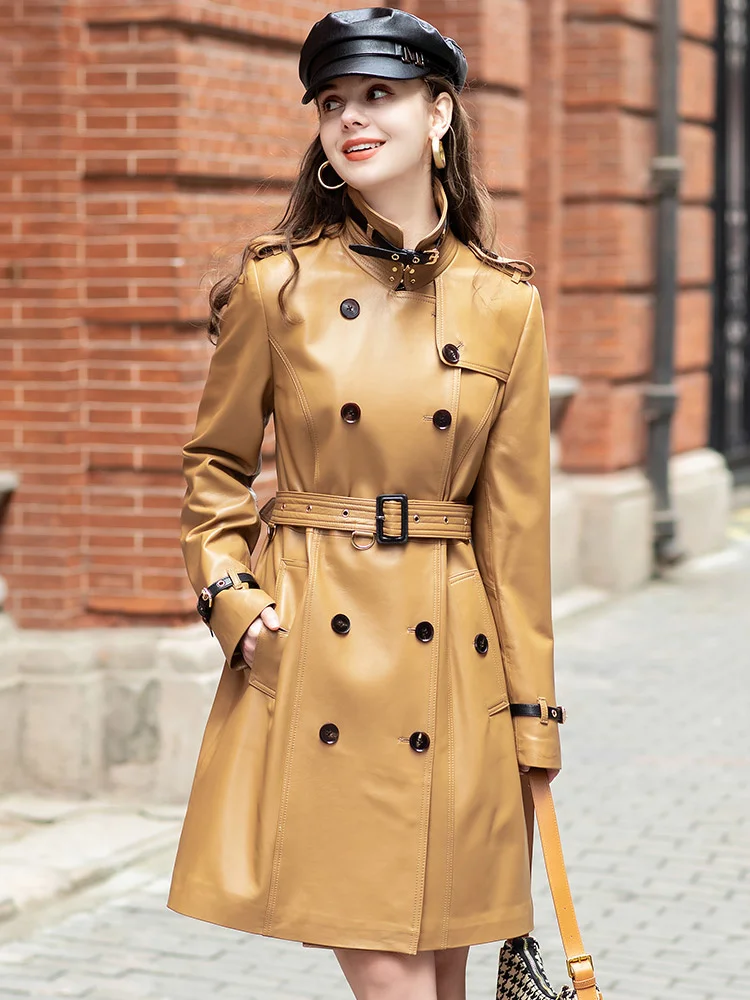 2021 spring Bati and autumn new sheepskin casual fashion windbreaker coat lace up leather coat women's medium length 507w