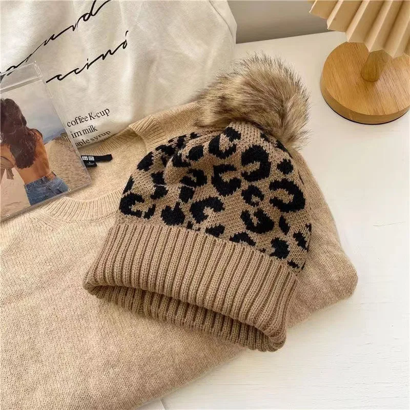 Women Knit Beanie Winter Warm Slouchy Hat with Leopard Print Faux Fur Pom Pom Folded Brim Skull Cap for Women