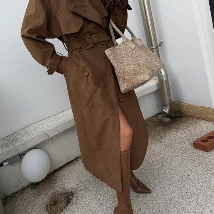 Korean Chic Retro Double-Breasted Belted Long Over-Knee Coat Collar Outerwear Women's Winter Fashion Polyester Fiber
