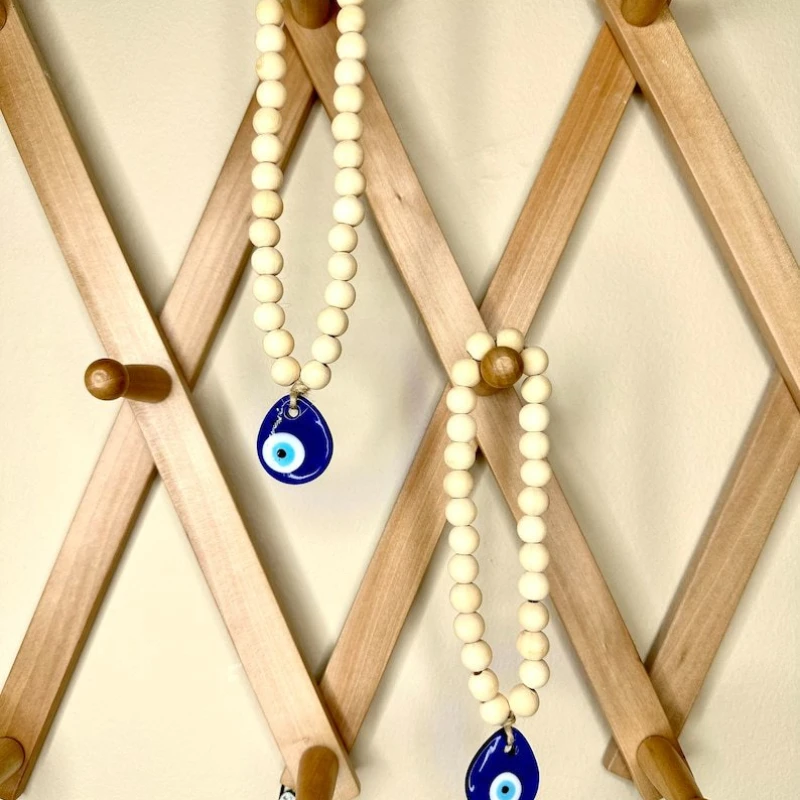 Nordic Style Wood Bead Blue Eye Wall Hanging Decoration for Home Living Room Corridor Car Handwoven Talisman Pendant Gift